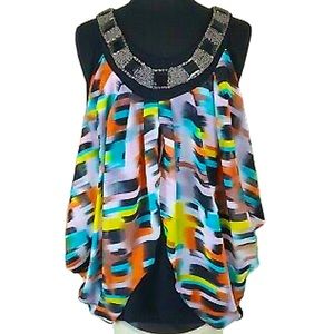 New Directions📌petite size small colorful sleeveless top beadwork around collar